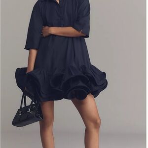 MAEVE SHORT-SLEEVE COLLARED 3D RUFFLE MINI DRESS, Navy